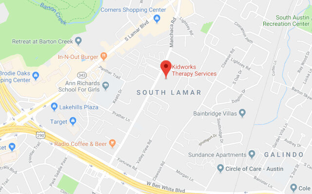 Map showing KidWorks Therapy Services on Menchaca Road